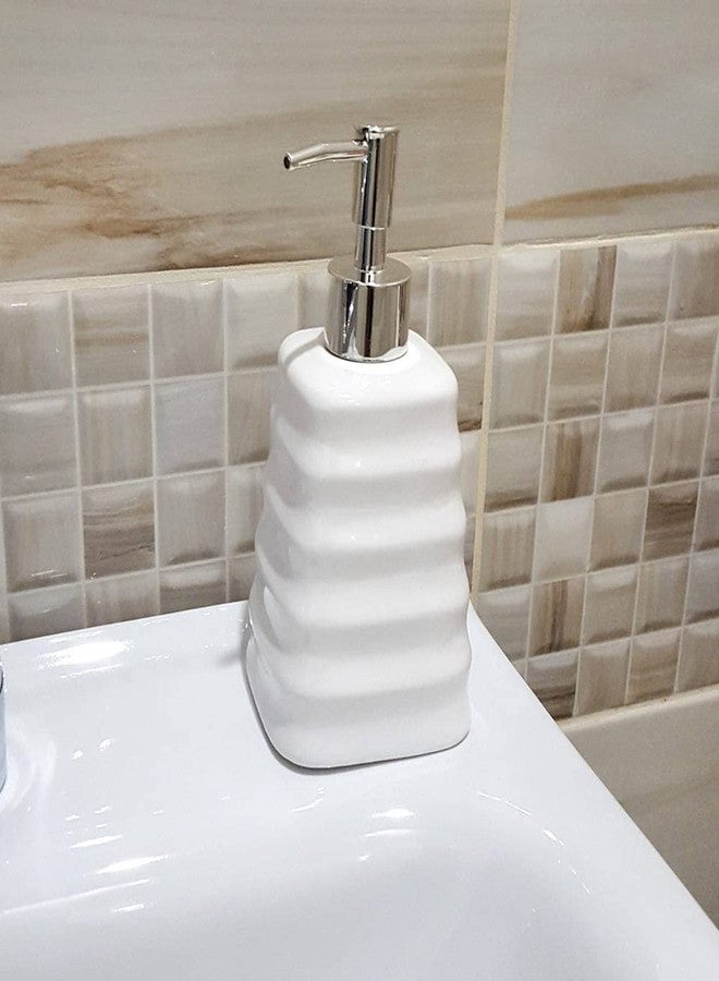 Whizzo Ceramic Round Strip Design Liquid Soap, Shampoo, Conditioner, Shower Gel Dispenser (White, 400ML) - Image 2